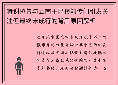 特谢拉曾与云南玉昆接触传闻引发关注但最终未成行的背后原因解析